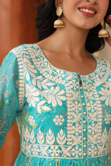 Turquoise Embroidered Gathered Dress