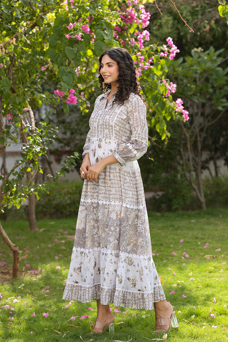 Grey Printed Cotton Lace Gown