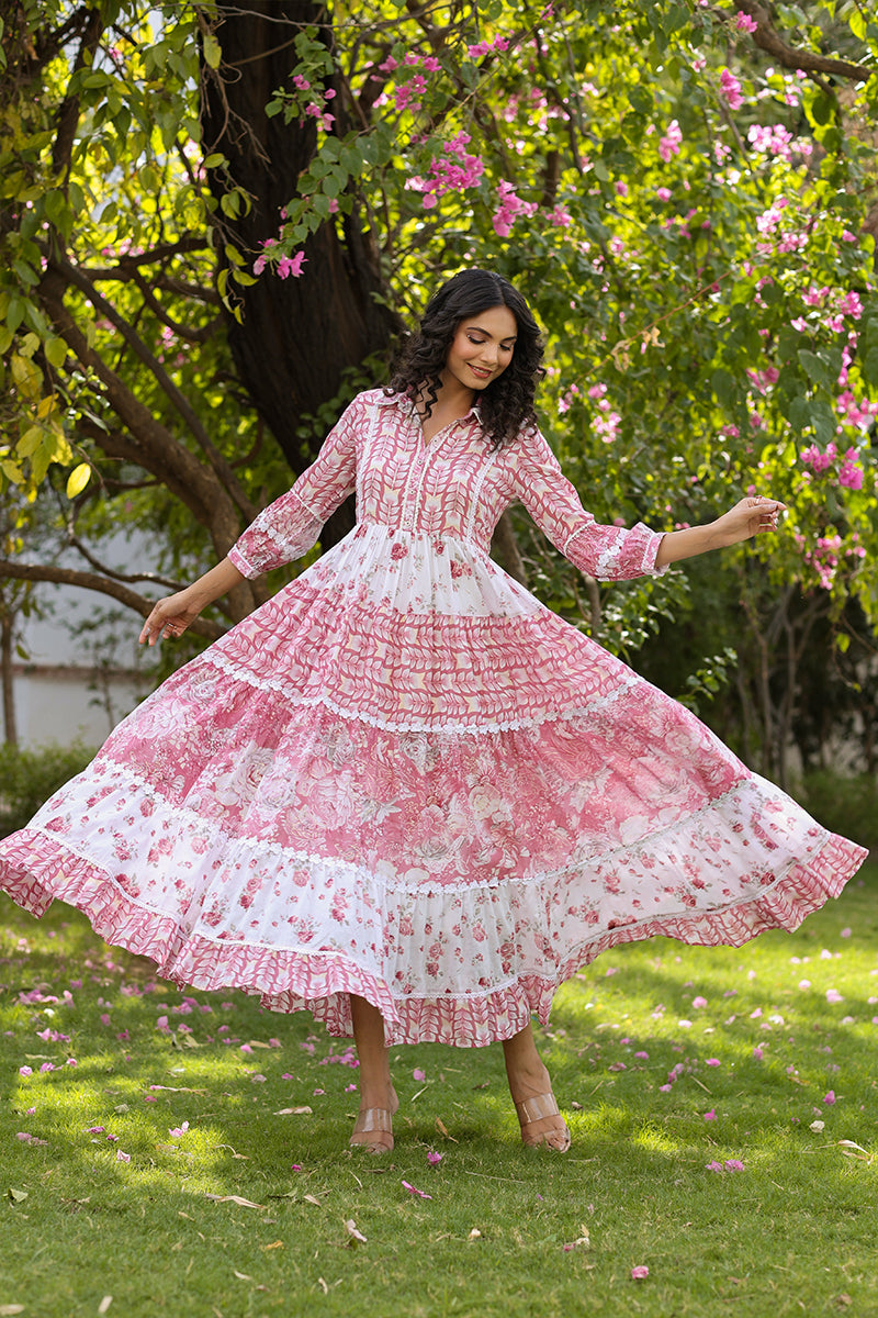 Pink Printed Cotton Lace Gown