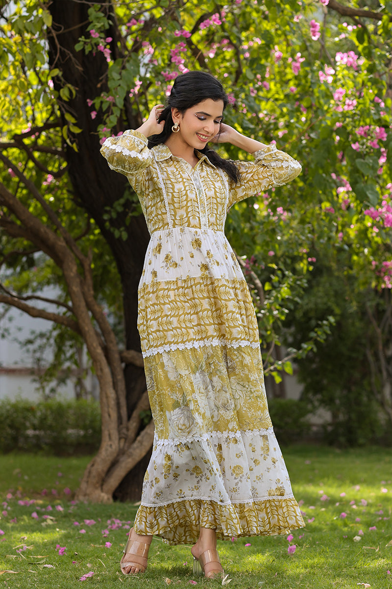 Yellow Printed Cotton Lace Gown