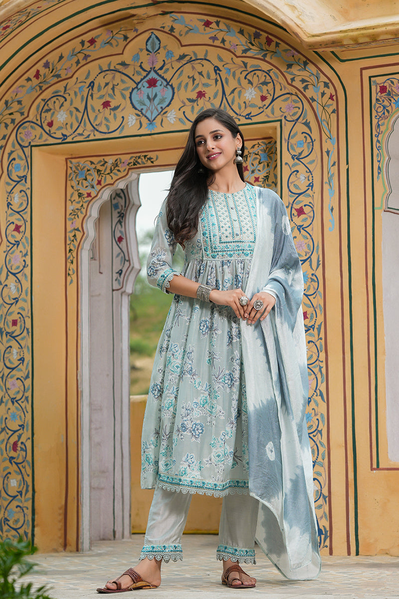 Grey floral printed embroidered side slit kurta with pants and dupatta - Set of 3)
