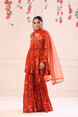 Red Floral Printed Sharara Set