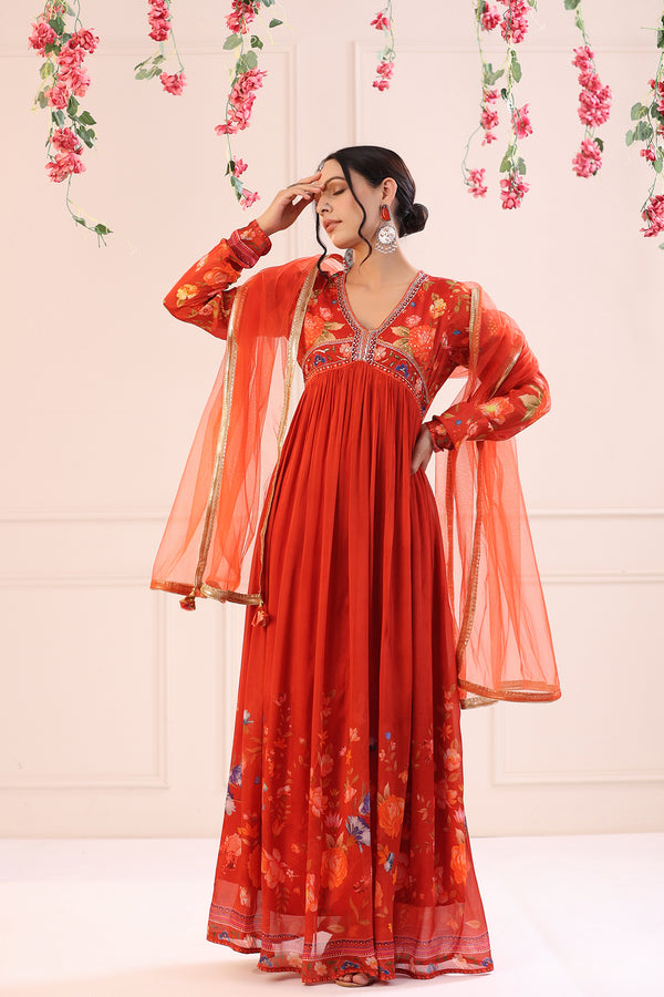 Red Floral Printed V Neck Gown