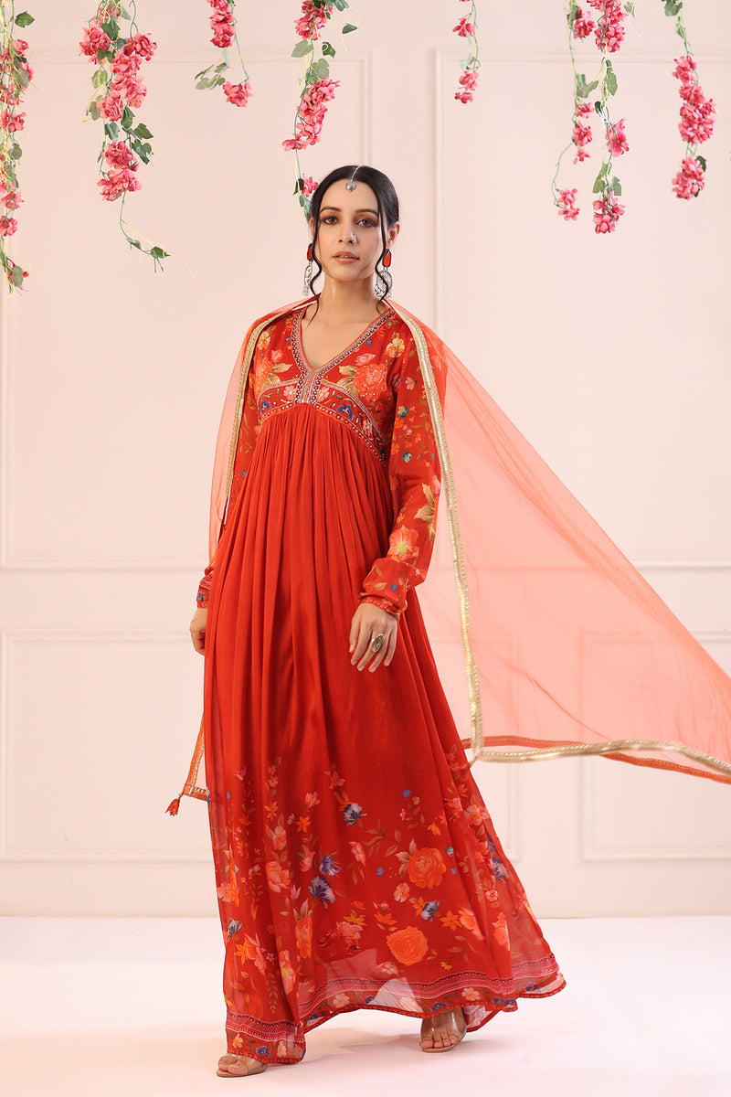 Red Floral Printed V Neck Gown