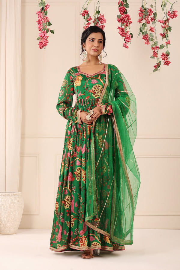 Nazara Rang Green Floral Chinon Gown