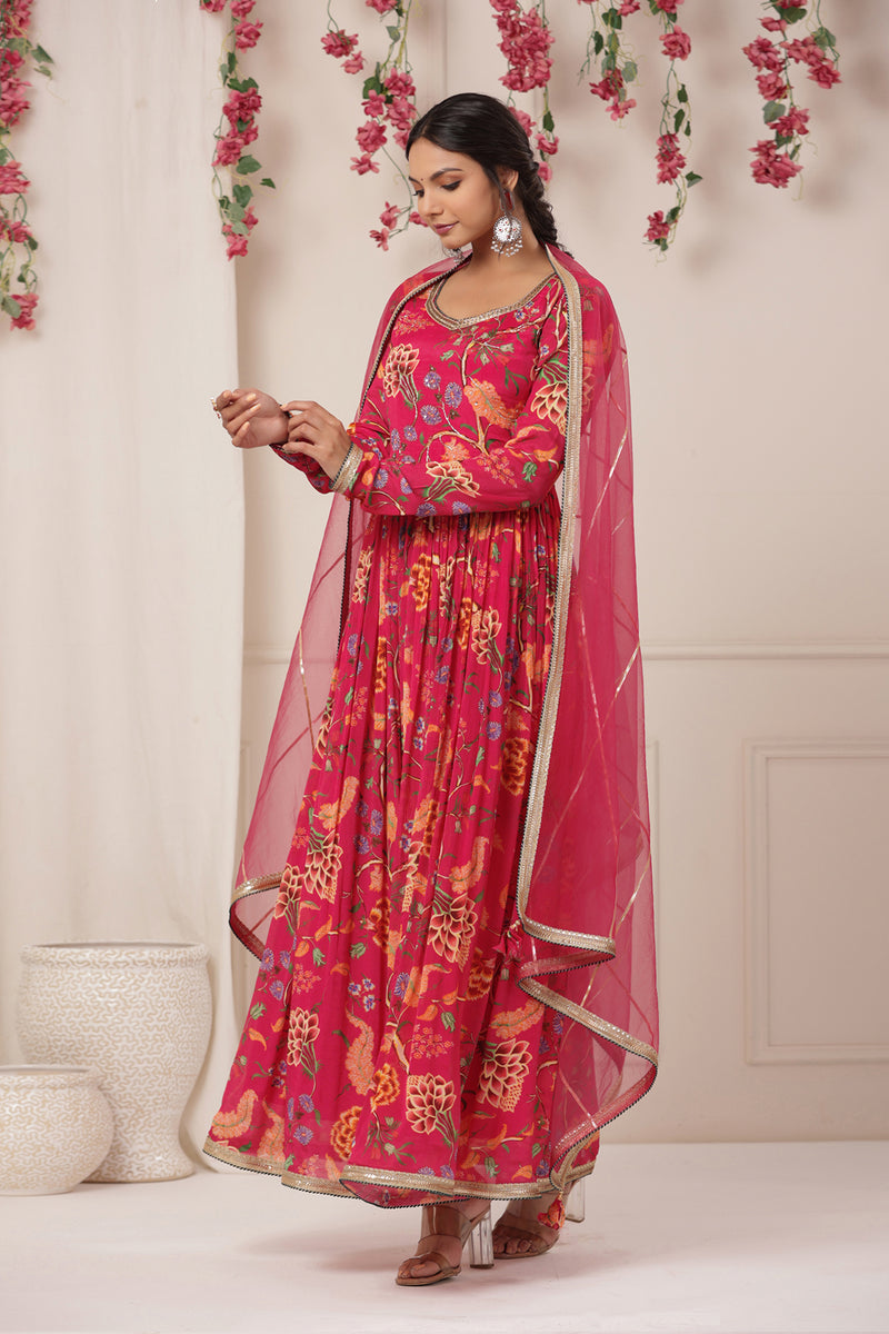 Nigaar Bold Magenta Floral Chinon Gown