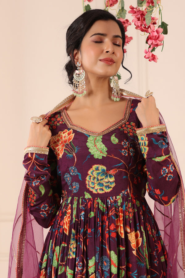 Raweesh Deep Purple Floral Chinon Gown