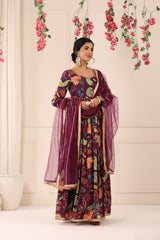 Raweesh Deep Purple Floral Chinon Gown