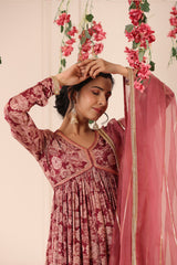 Maroon Floral Printed Muslin Long Gown