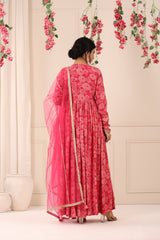Deep Pink Floral Printed Muslin Long Gown