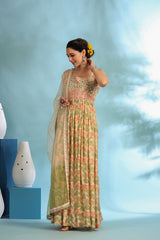 Peach Green Muslin Embroidered Floral Printed Dress