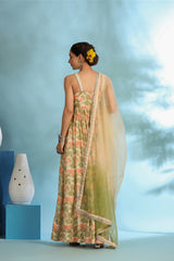 Peach Green Muslin Embroidered Floral Printed Dress
