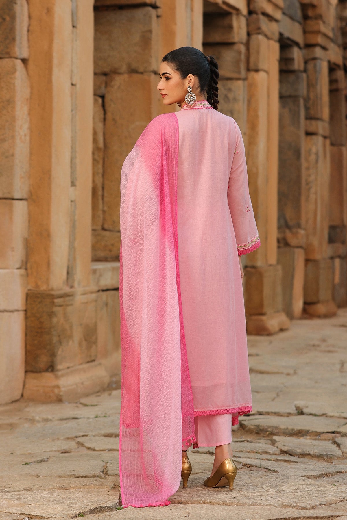 PINK MULMUL A -LINE KURTA WITH PANT AND DUPATTA