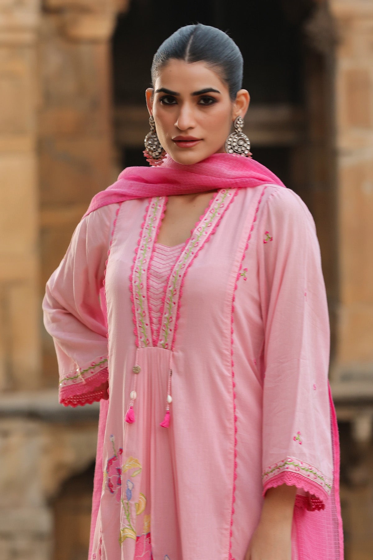 PINK MULMUL A -LINE KURTA WITH PANT AND DUPATTA