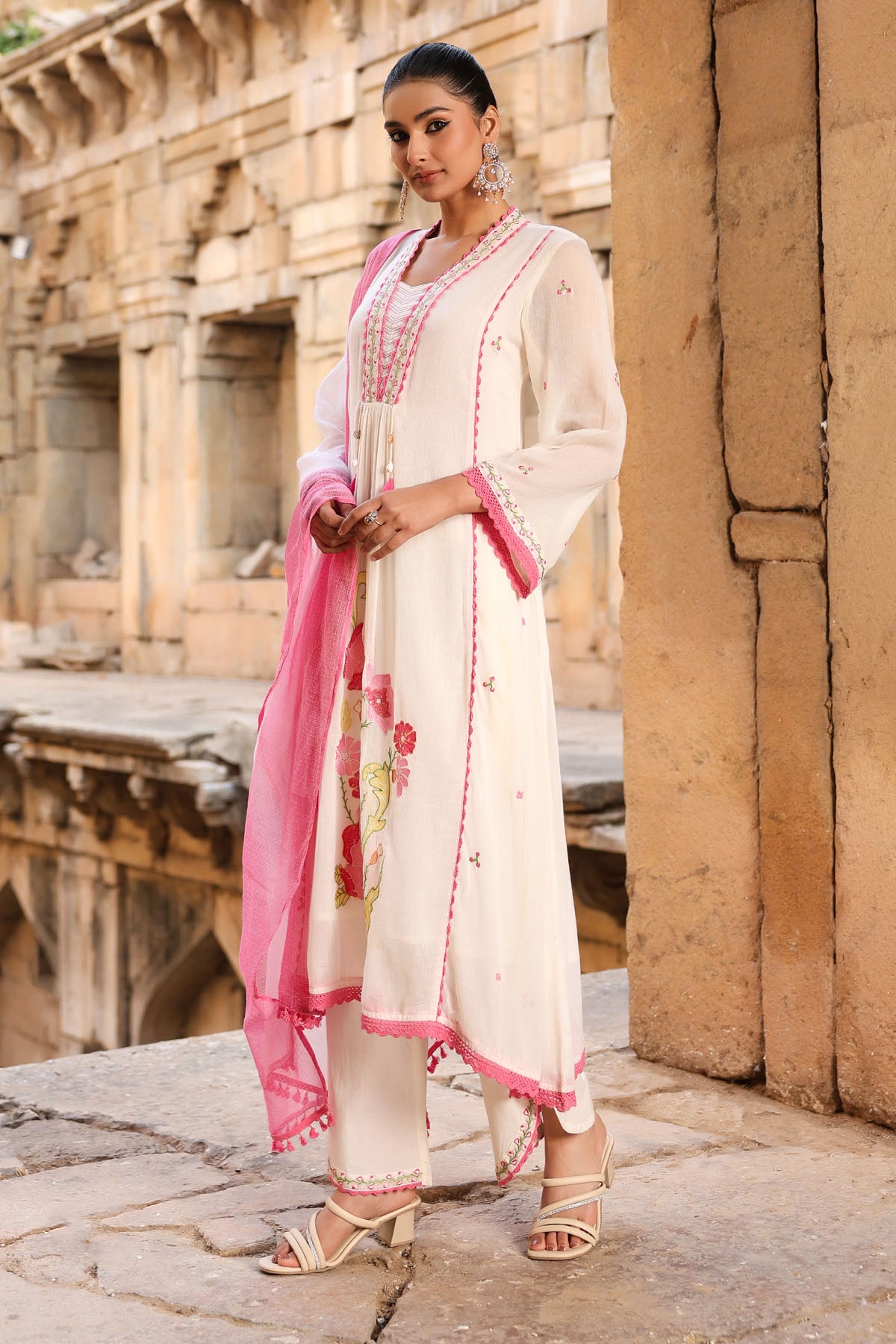 WHITE MULMUL A -LINE KURTA WITH PANT AND DUPATTA