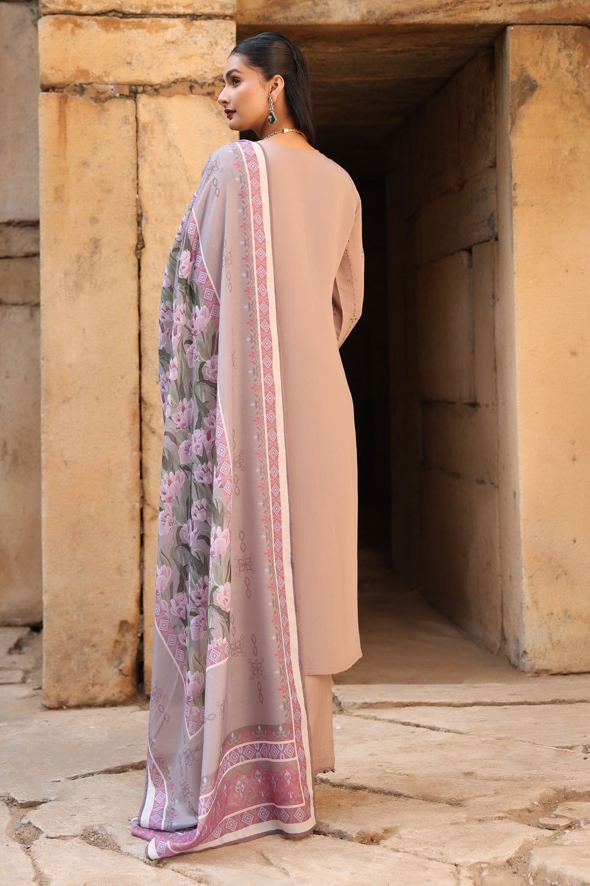 BROWN MUL CHANDERI STRAIGHT KURTA WITH PANT AND DUPATTA