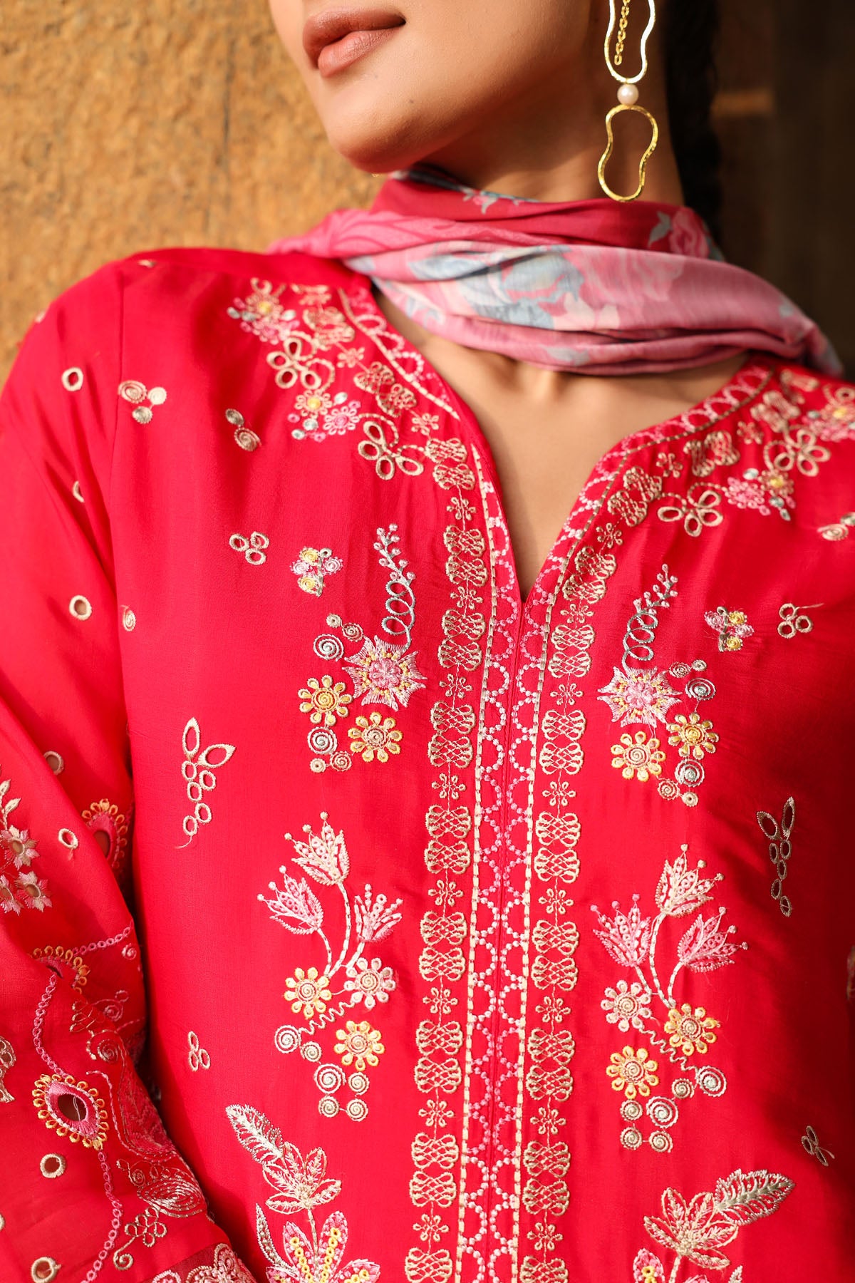 PINK MUL CHANDERI STRAIGHT KURTA WITH PANT AND DUPATTA
