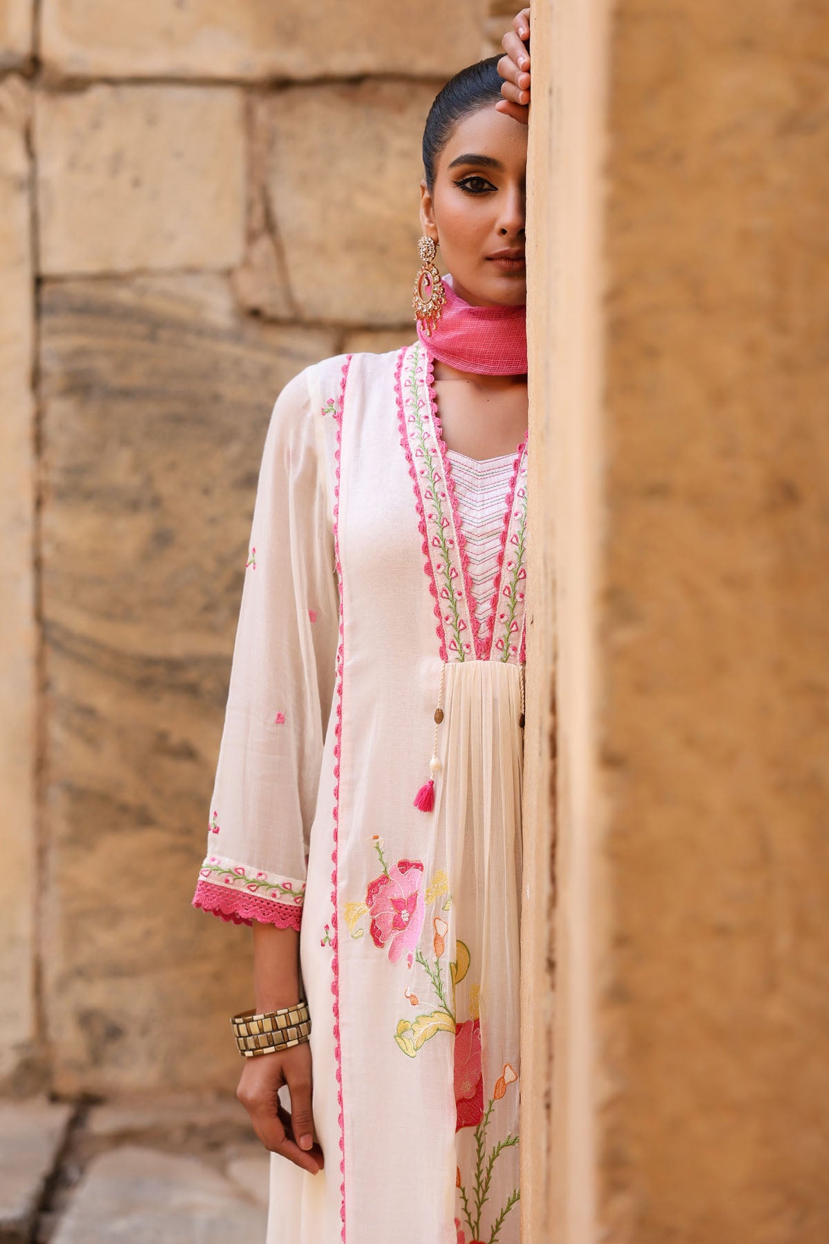 WHITE MULMUL A -LINE KURTA WITH PANT AND DUPATTA