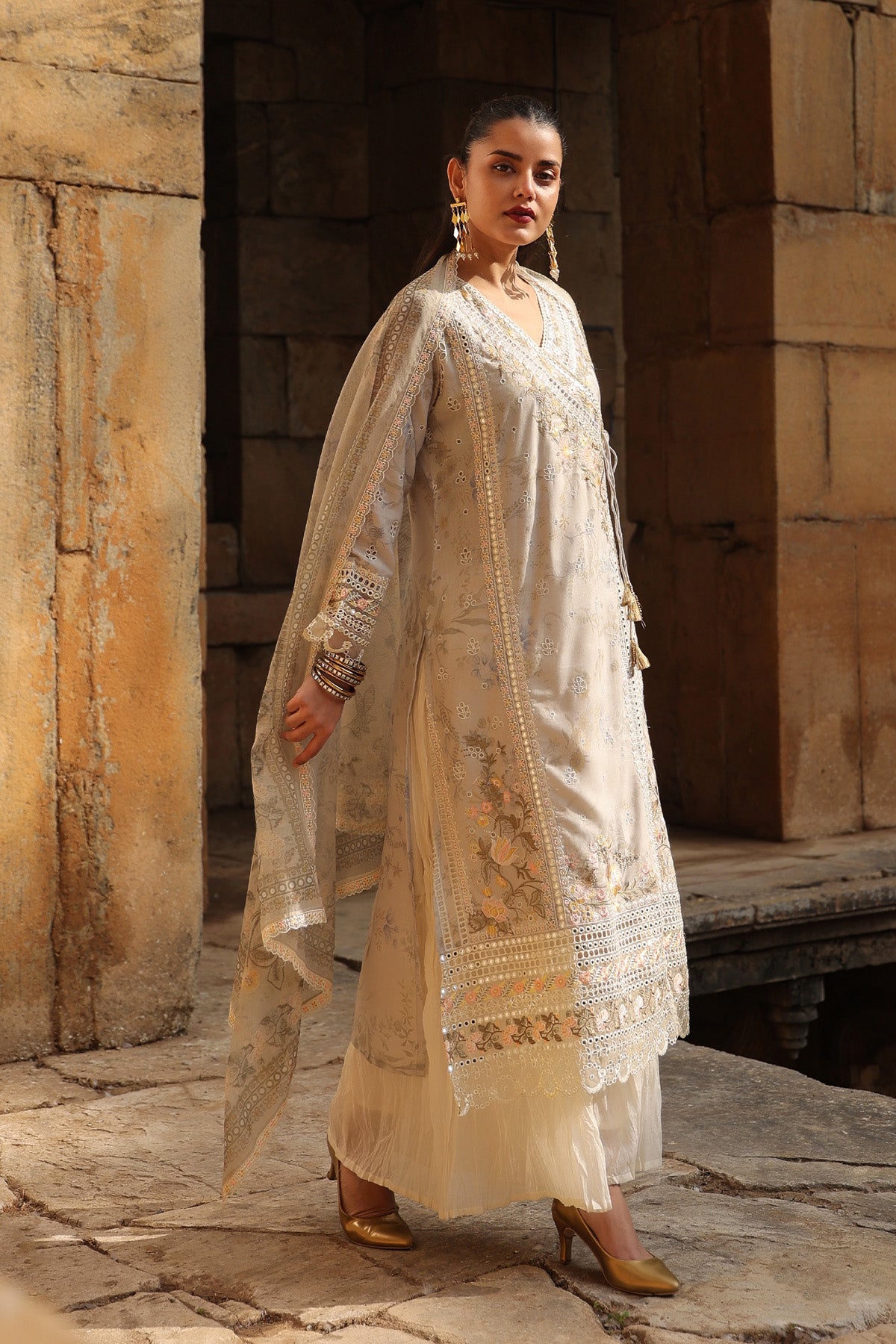 BEIGE COTTON STRAIGHT KURTA WITH PANT AND DUPATTA