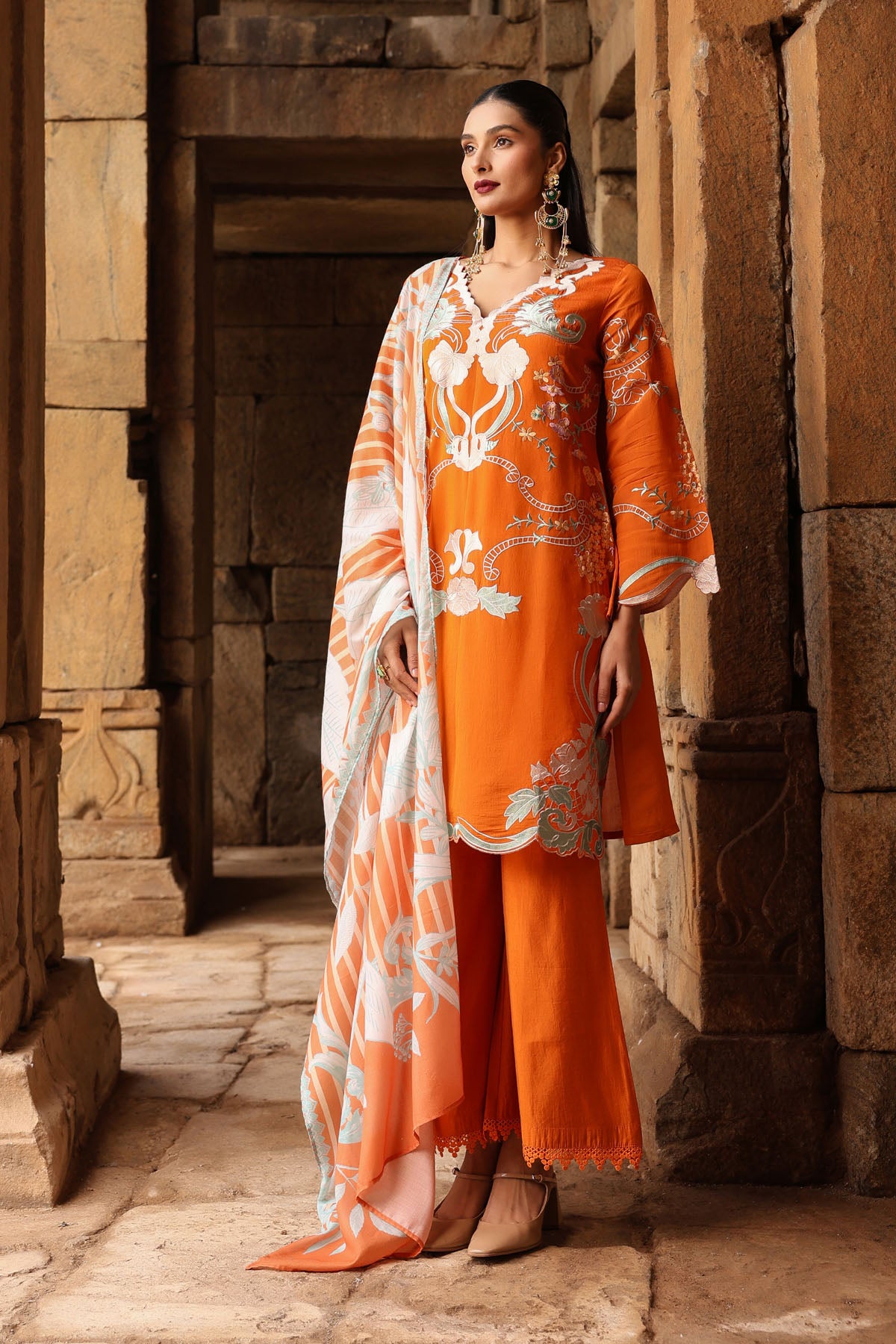 ORANGE MUL CHANDERI STRAIGHT KURTA WITH PANT AND DUPATTA