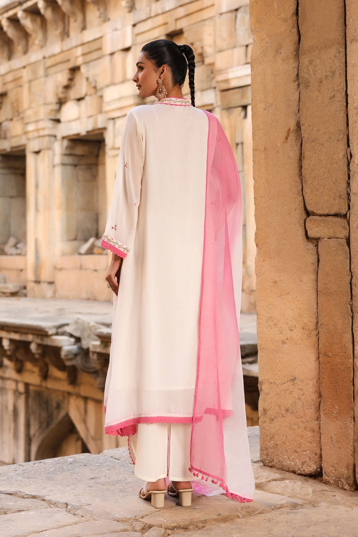 WHITE MULMUL A -LINE KURTA WITH PANT AND DUPATTA