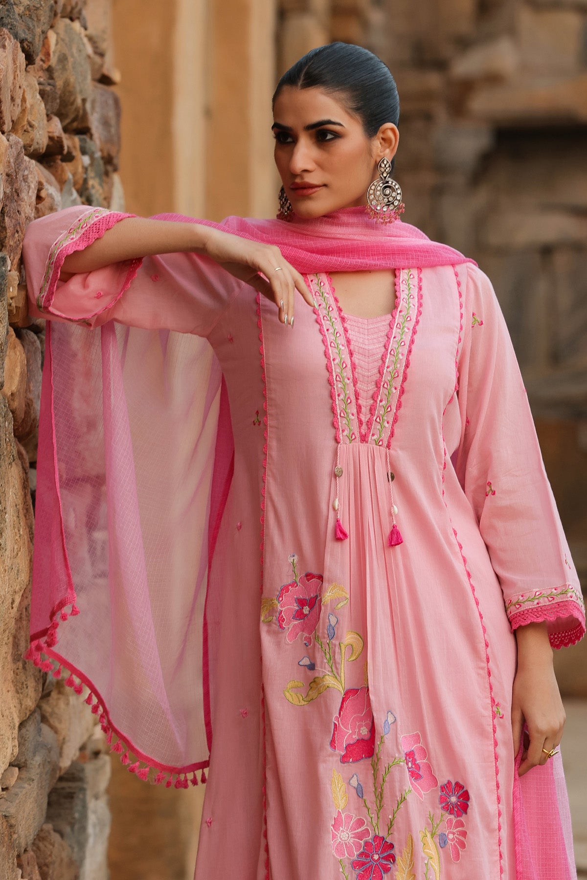 PINK MULMUL A -LINE KURTA WITH PANT AND DUPATTA