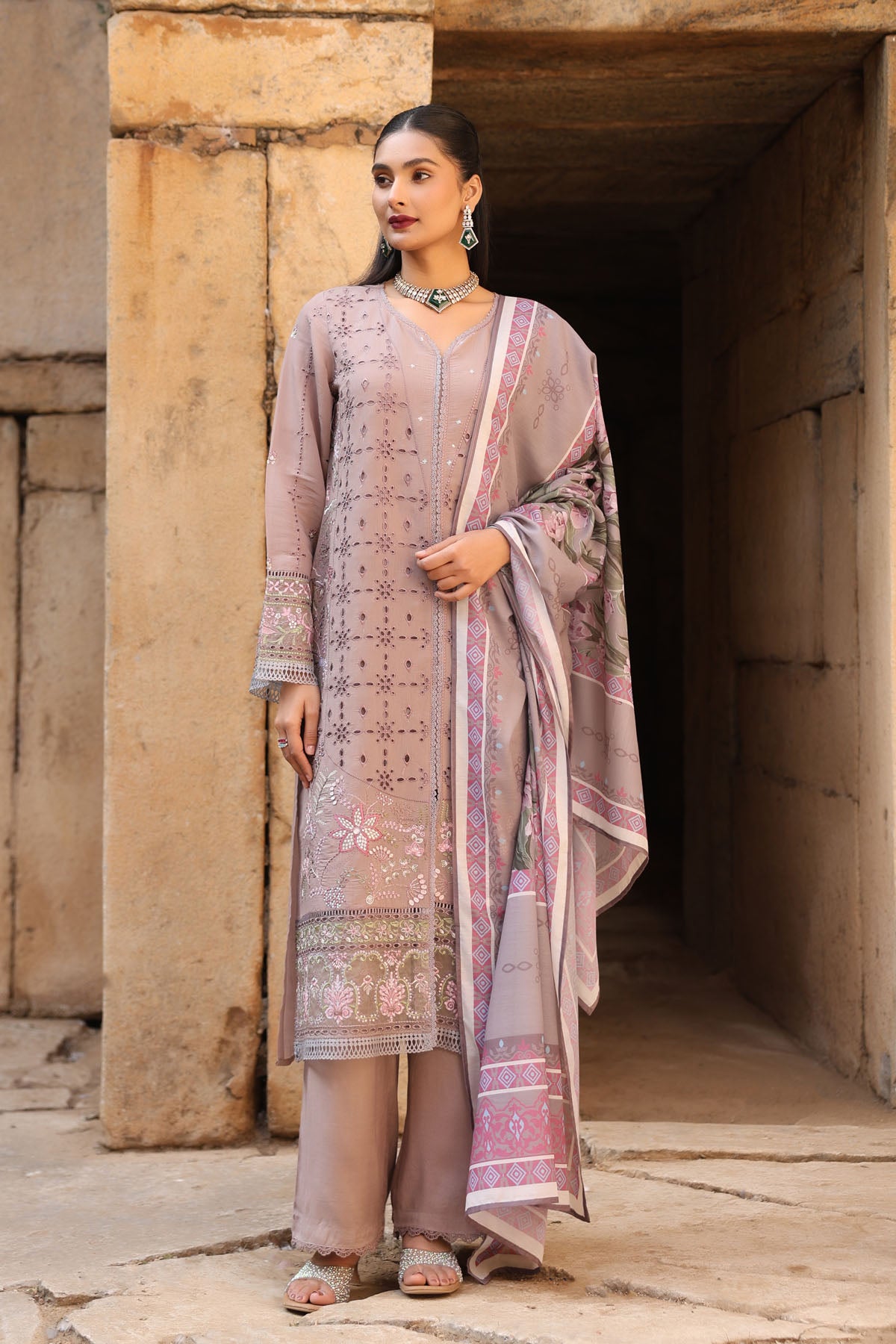 BROWN MUL CHANDERI STRAIGHT KURTA WITH PANT AND DUPATTA