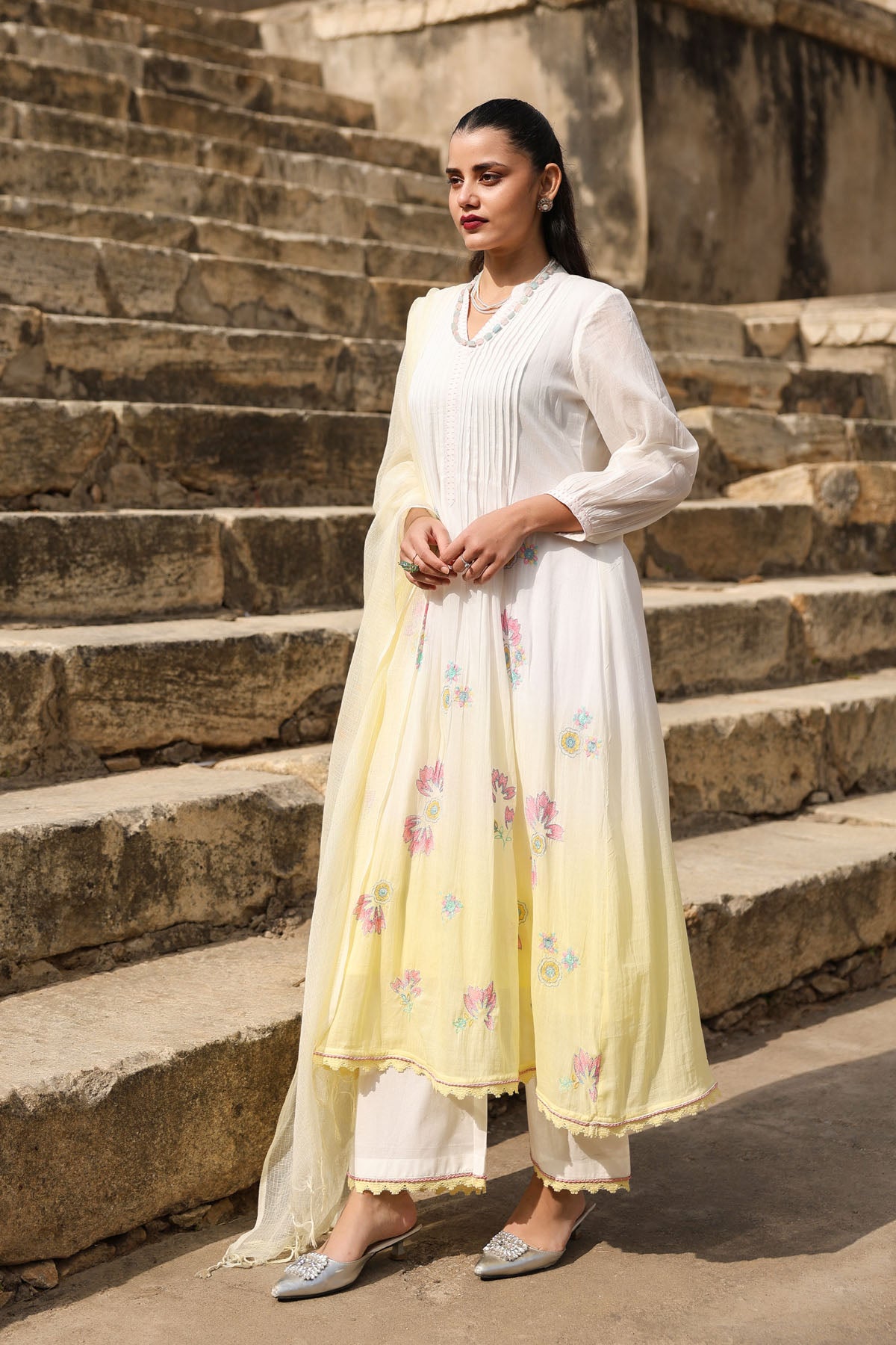 WHITE AND YELLOW MULMUL A -LINE KURTA WITH PANT AND DUPATTA