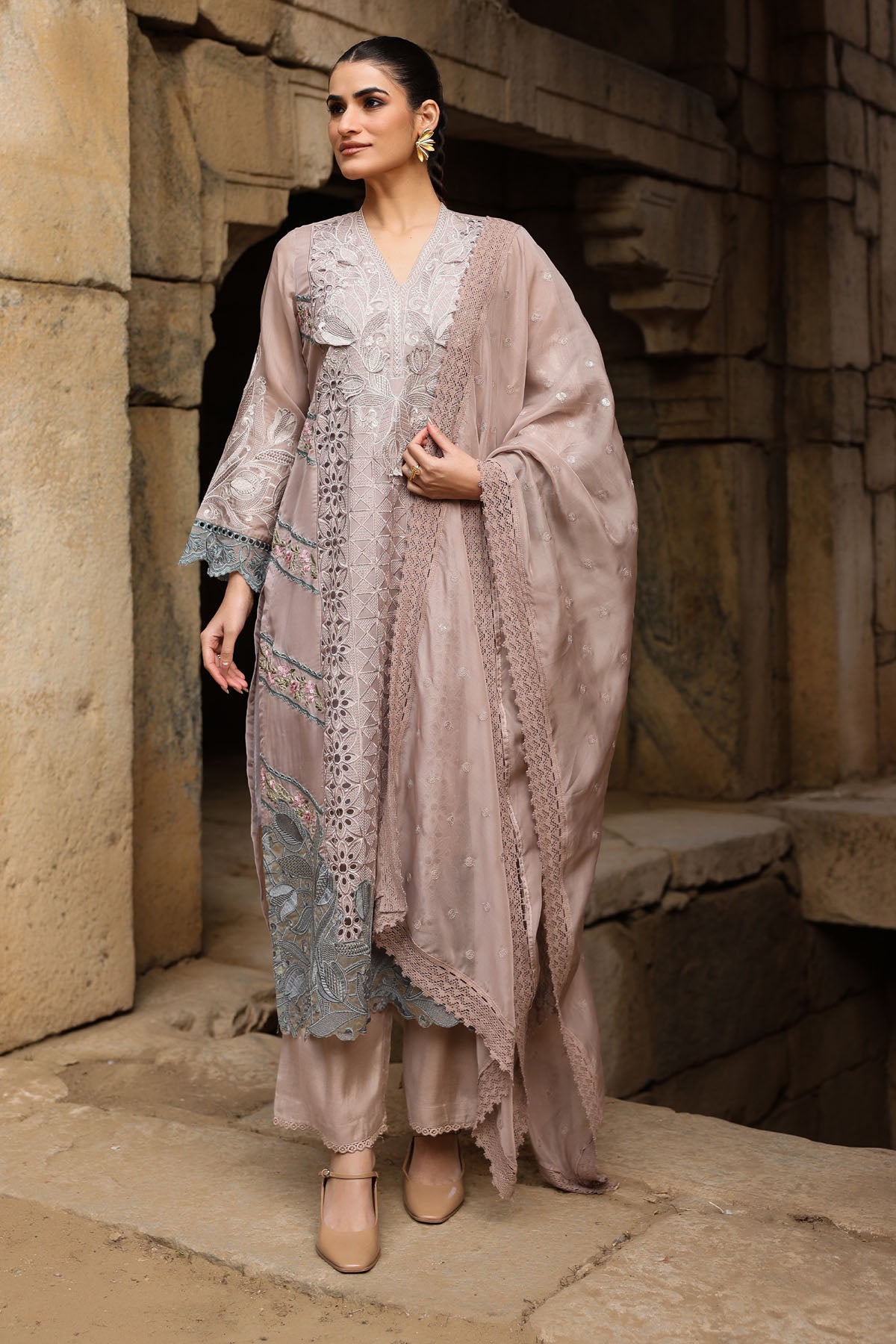 PINK ORGANZA STRAIGHT KURTA WITH PANT AND DUPATTA