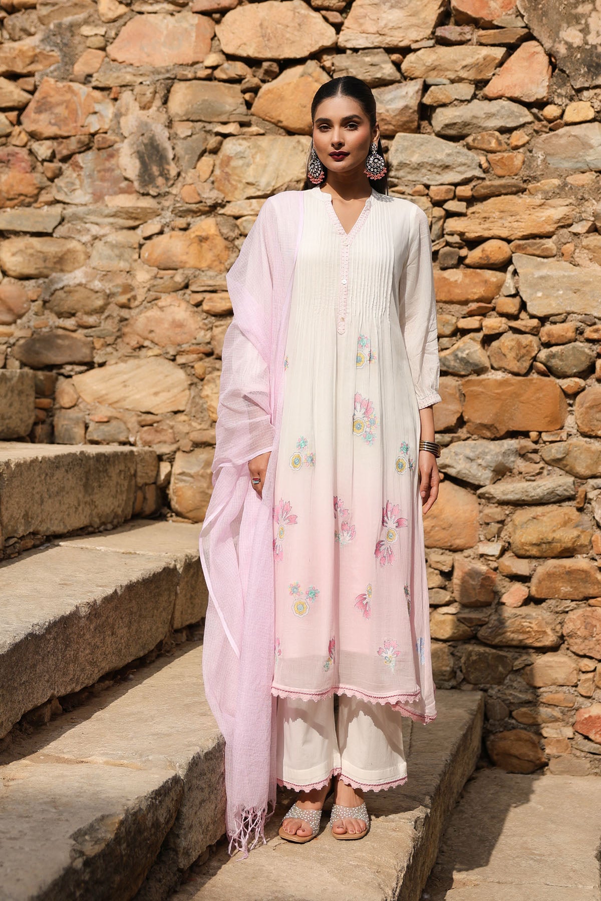 WHITE AND PINK MUL MUL A -LINE KURTA WITH PANT AND DUPATTA