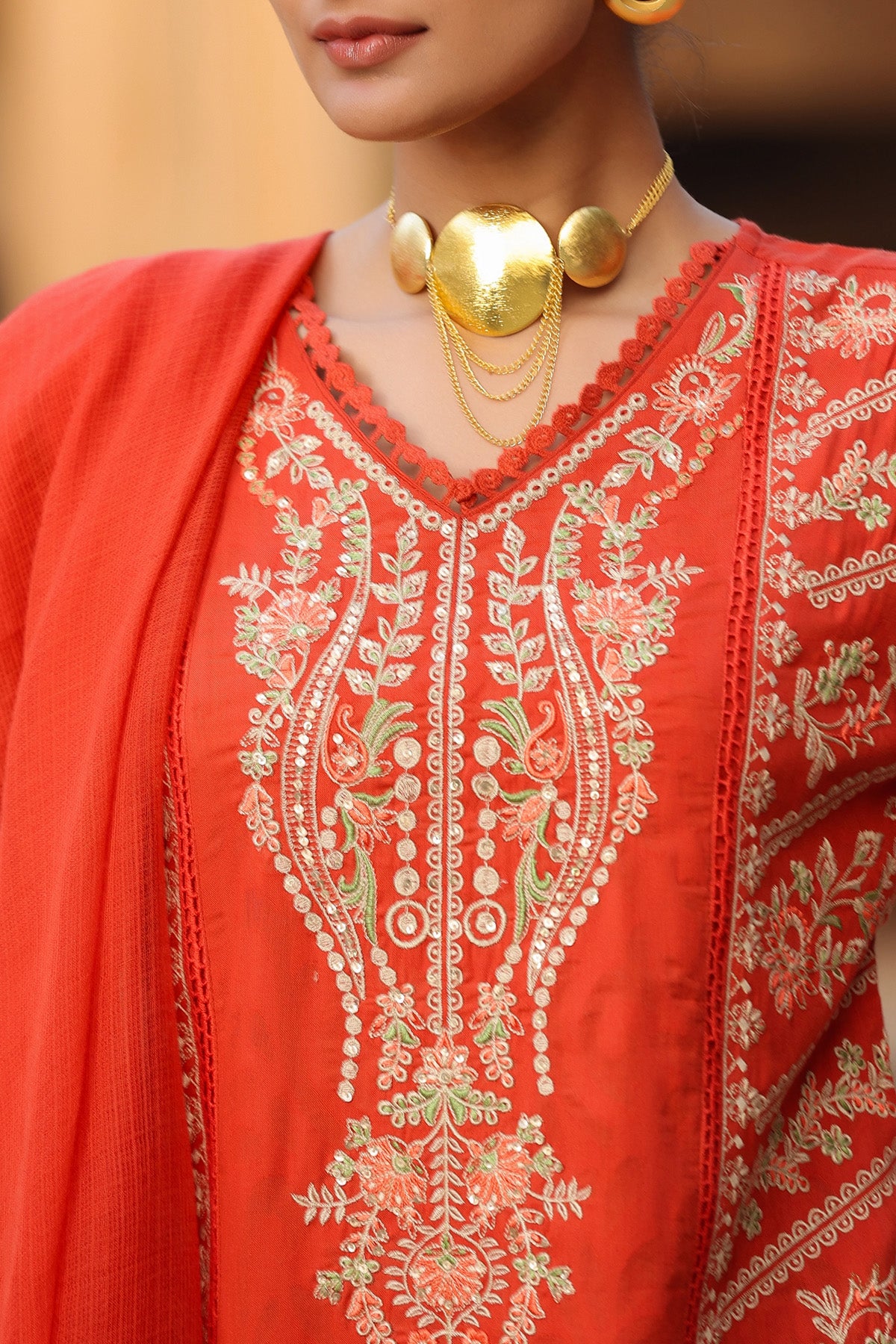 RED COTTON STRAIGHT KURTA WITH PANT AND DUPATTA