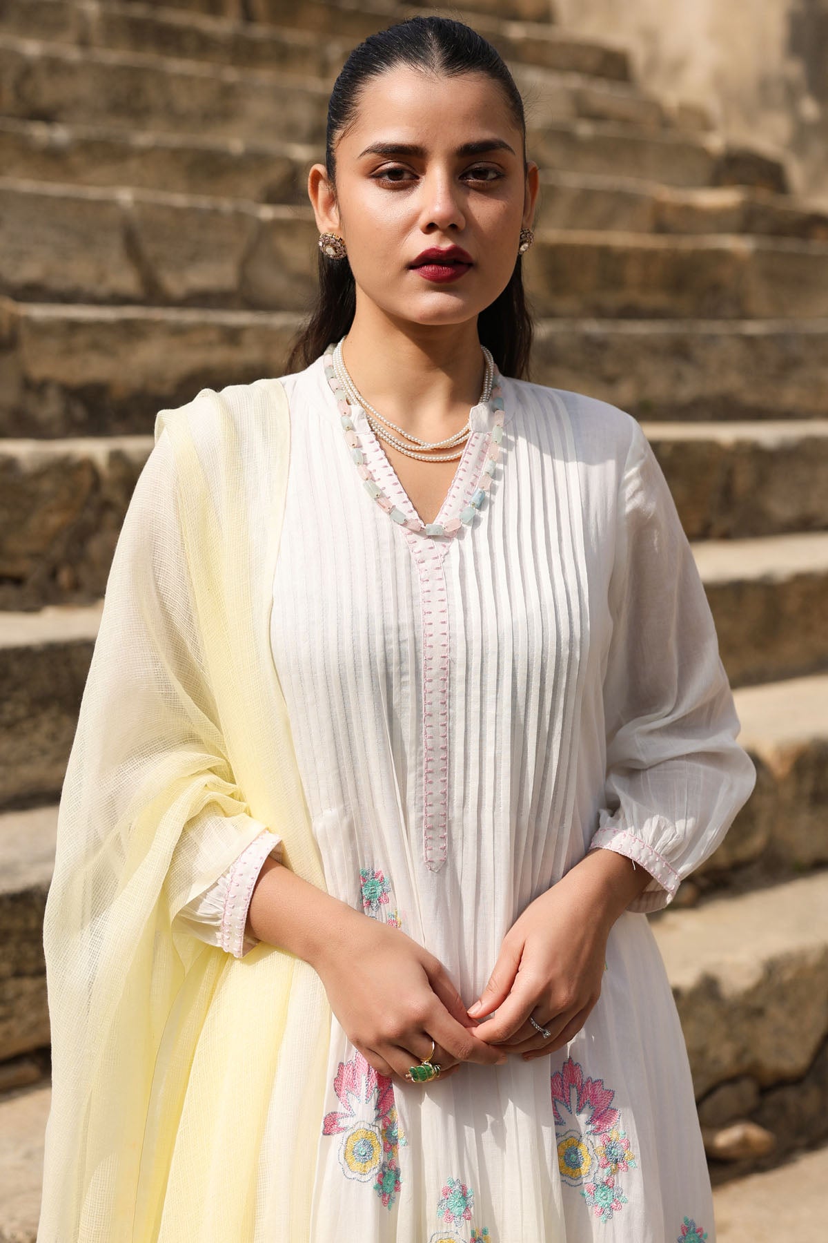 WHITE AND YELLOW MULMUL A -LINE KURTA WITH PANT AND DUPATTA