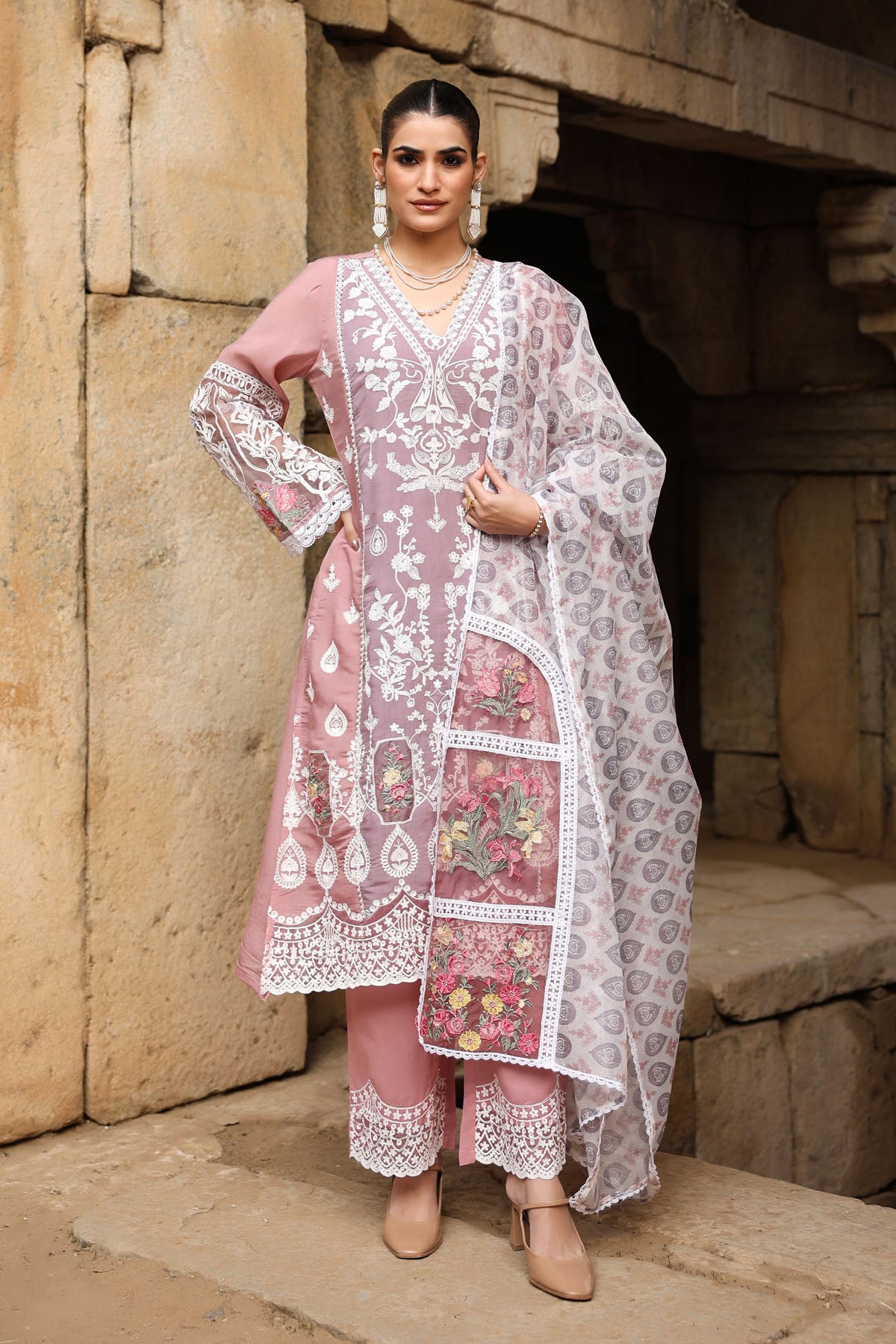 PINK MUL CHANDERI STRAIGHT KURTA WITH PANT AND DUPATTA