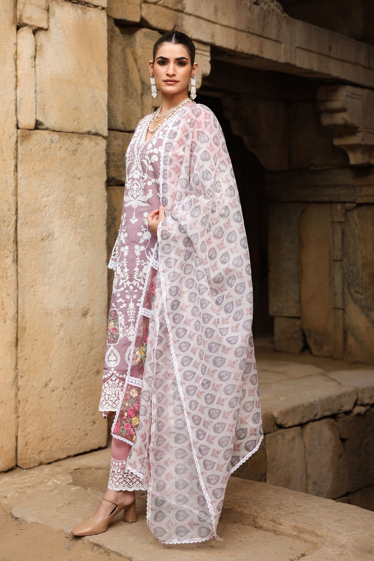 PINK MUL CHANDERI STRAIGHT KURTA WITH PANT AND DUPATTA