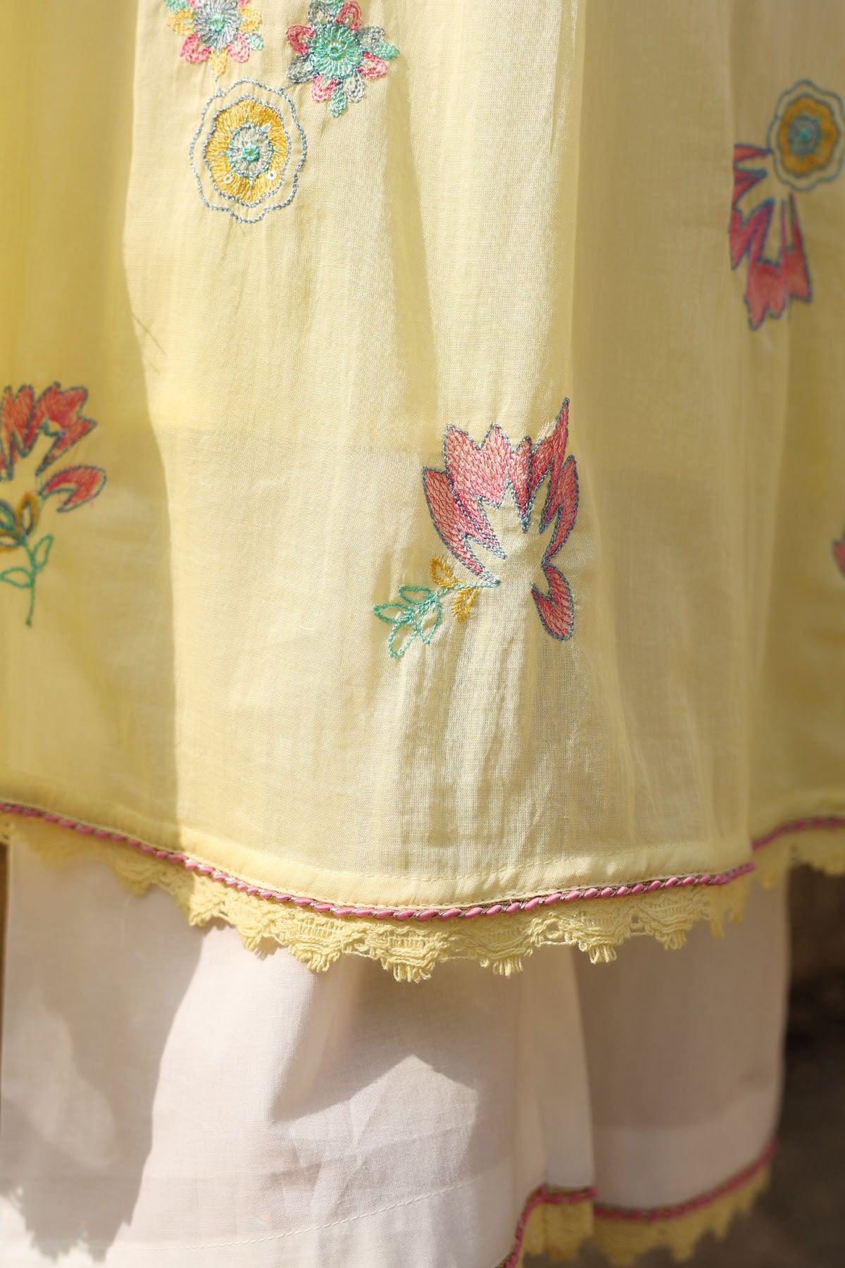 WHITE AND YELLOW MULMUL A -LINE KURTA WITH PANT AND DUPATTA