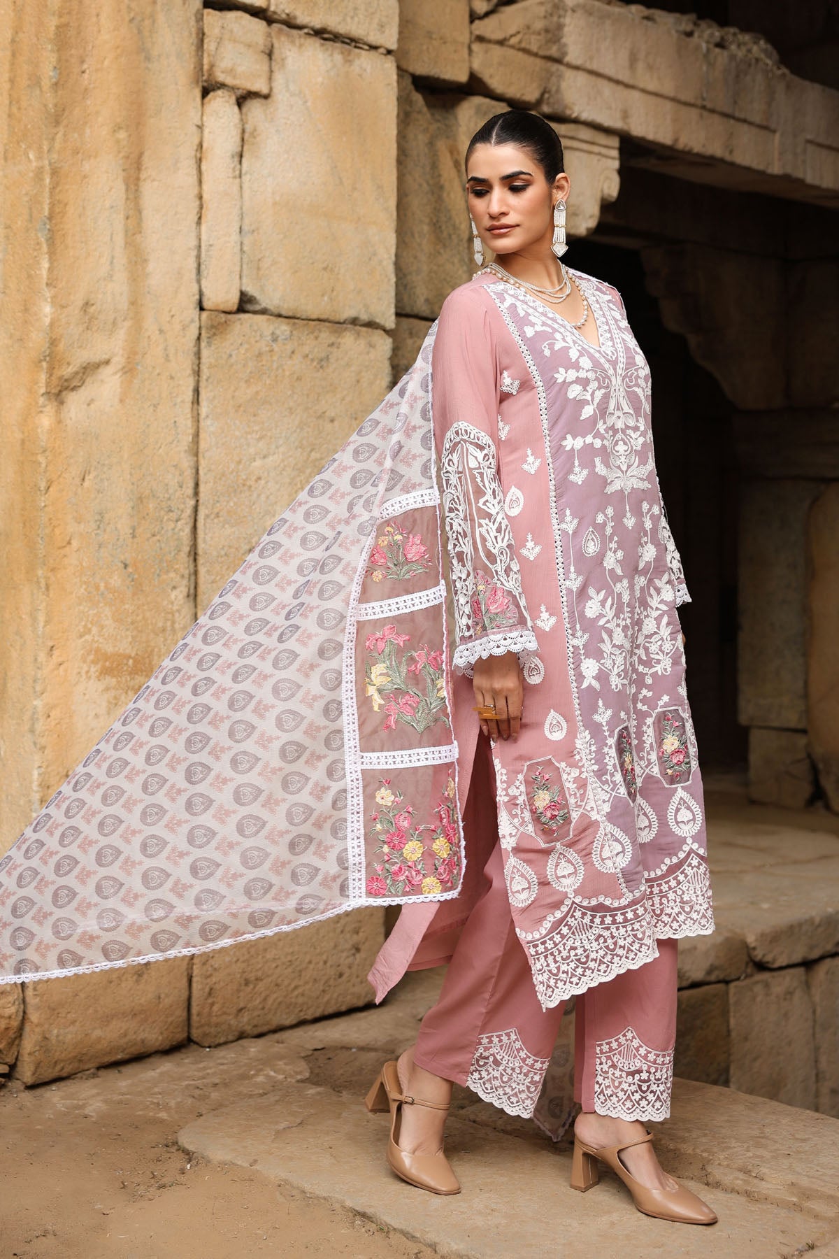 PINK MUL CHANDERI STRAIGHT KURTA WITH PANT AND DUPATTA