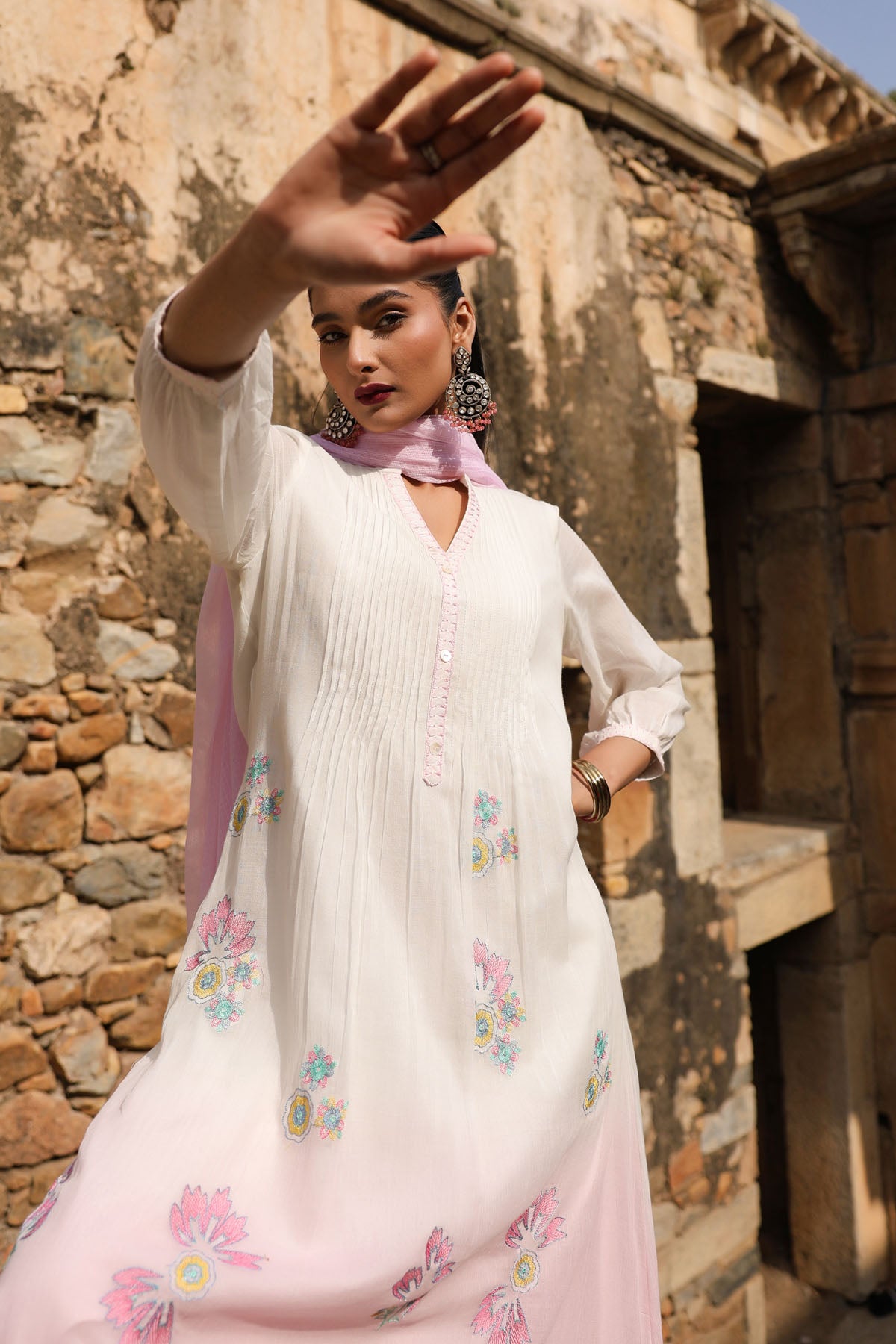 WHITE AND PINK MUL MUL A -LINE KURTA WITH PANT AND DUPATTA