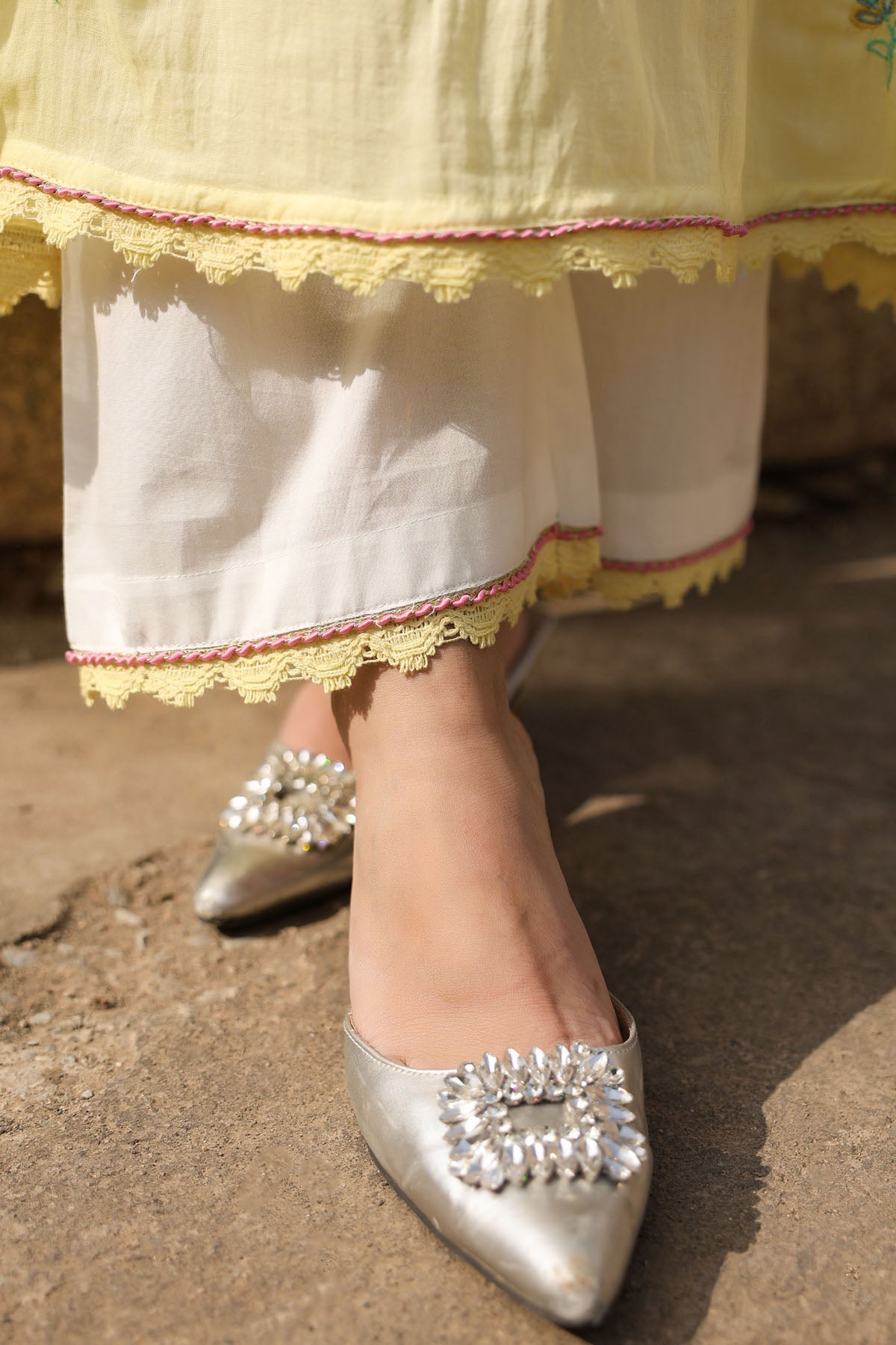 WHITE AND YELLOW MULMUL A -LINE KURTA WITH PANT AND DUPATTA