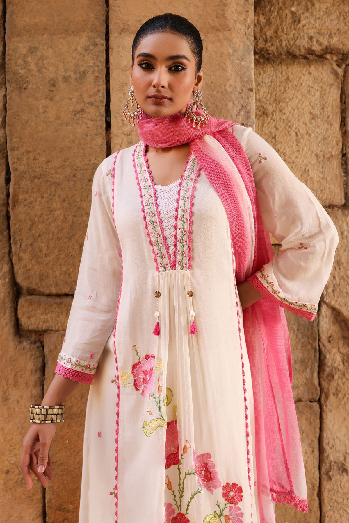 WHITE MULMUL A -LINE KURTA WITH PANT AND DUPATTA