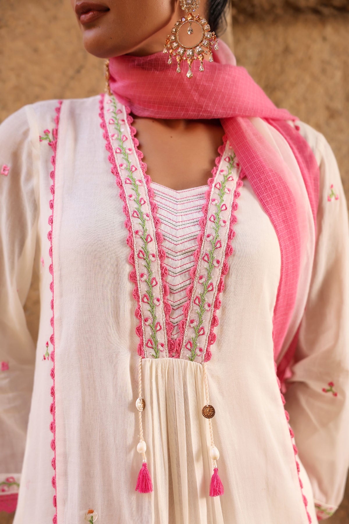 WHITE MULMUL A -LINE KURTA WITH PANT AND DUPATTA