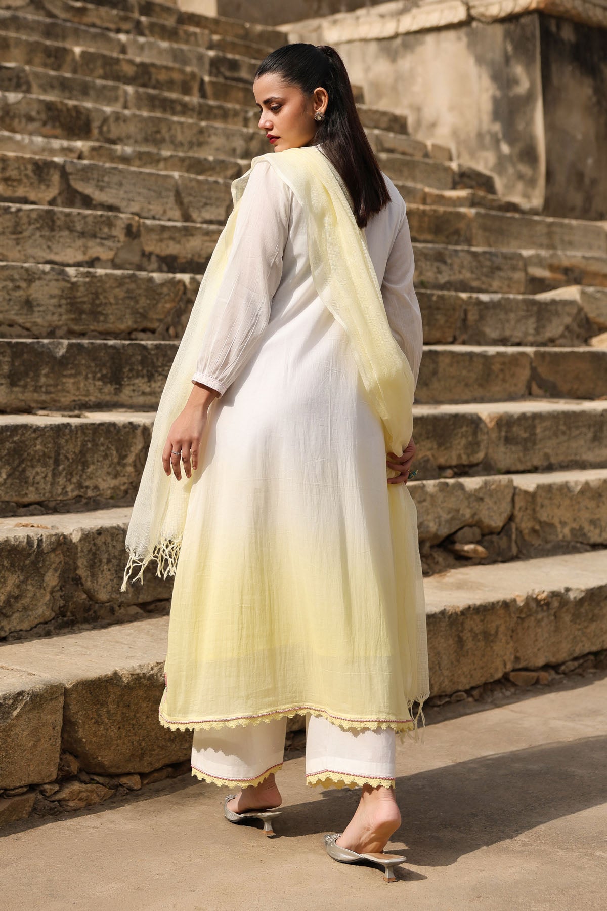 WHITE AND YELLOW MULMUL A -LINE KURTA WITH PANT AND DUPATTA