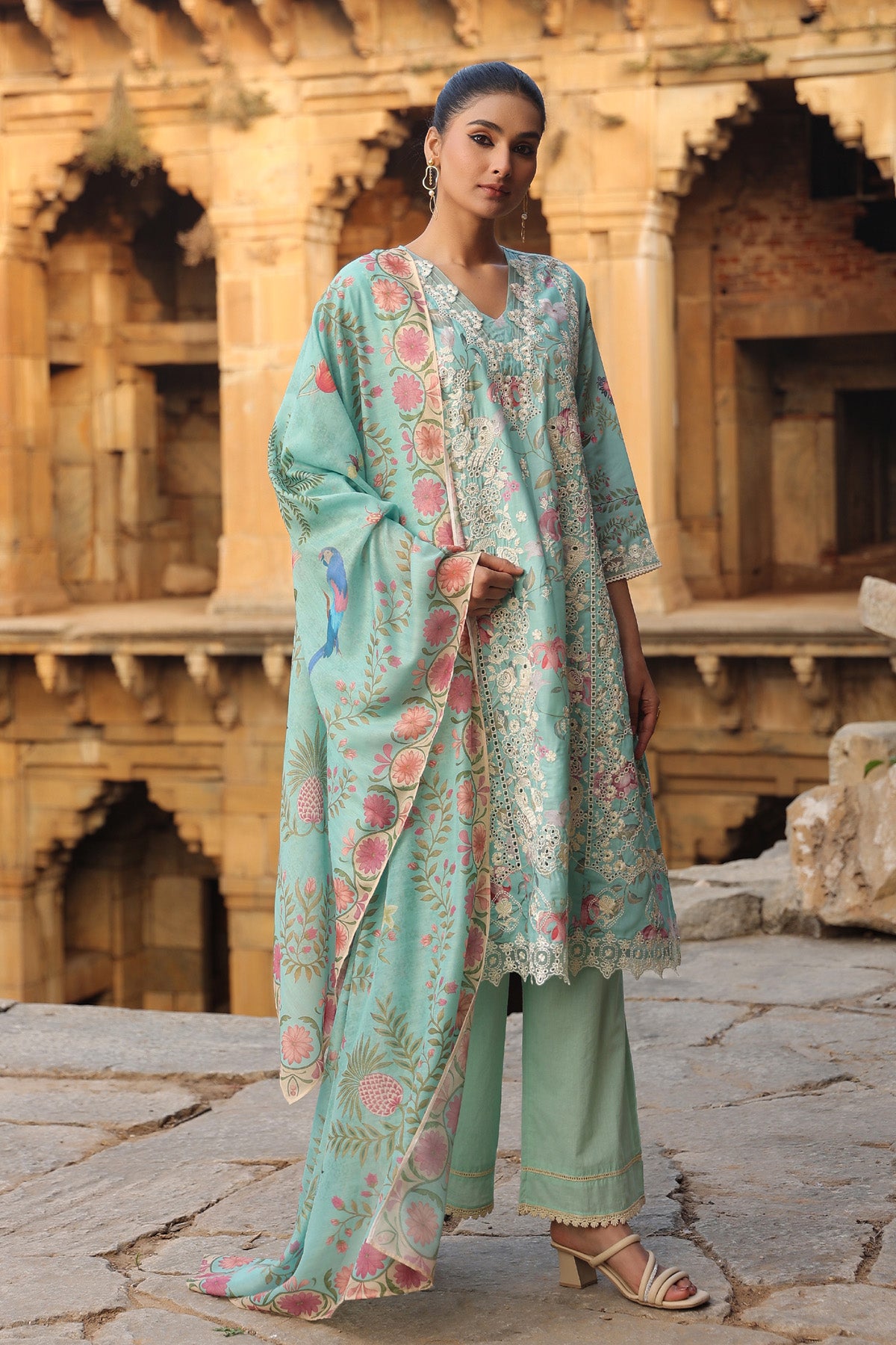 GREEN COTTON STRAIGHT KURTA WITH PANT AND DUPATTA