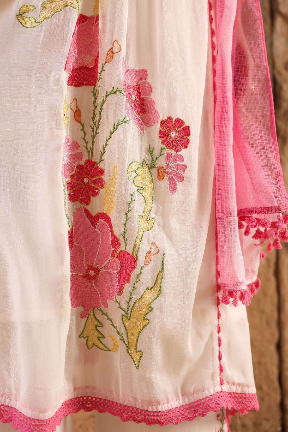 WHITE MULMUL A -LINE KURTA WITH PANT AND DUPATTA