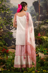 Gul White Pink Makhamali Handblock Floral Sharara Set