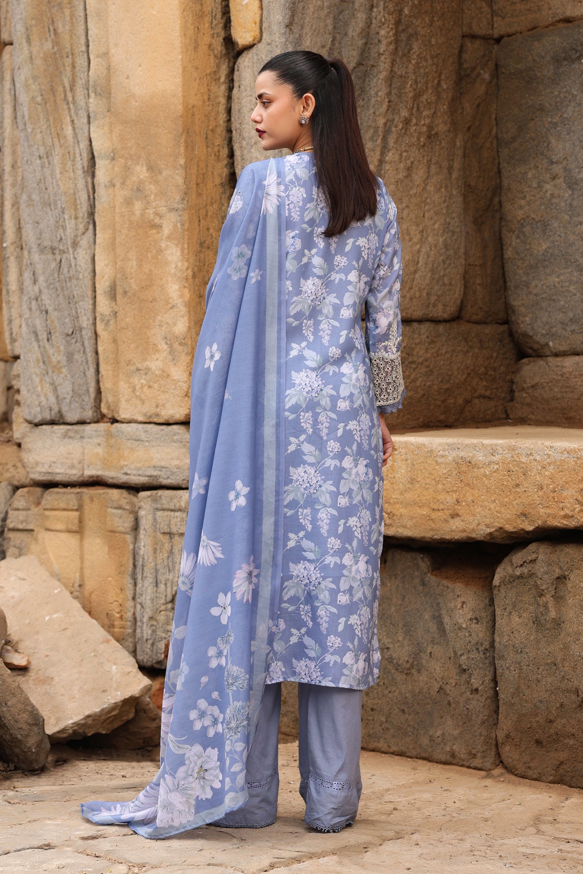 BLUE COTTON STRAIGHT KURTA WITH PANT AND DUPATTA
