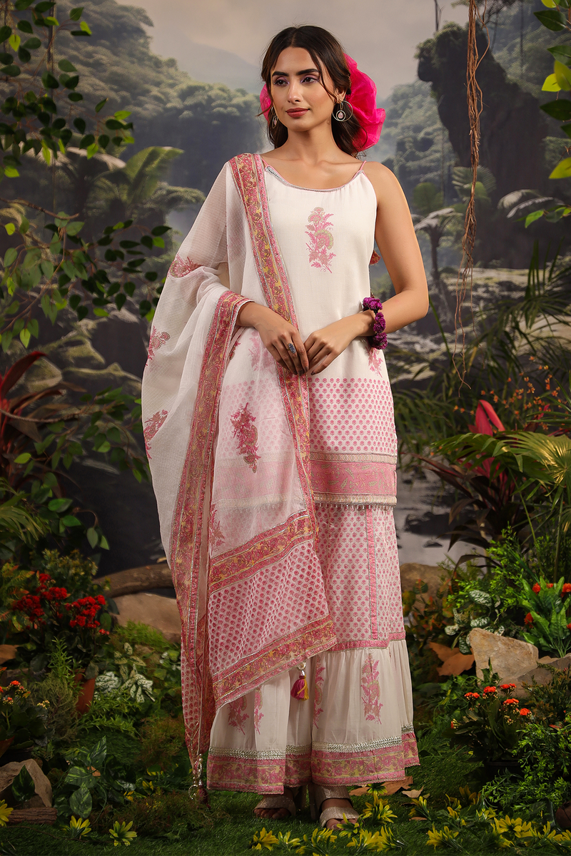 Gul White Pink Makhamali Handblock Floral Sharara Set