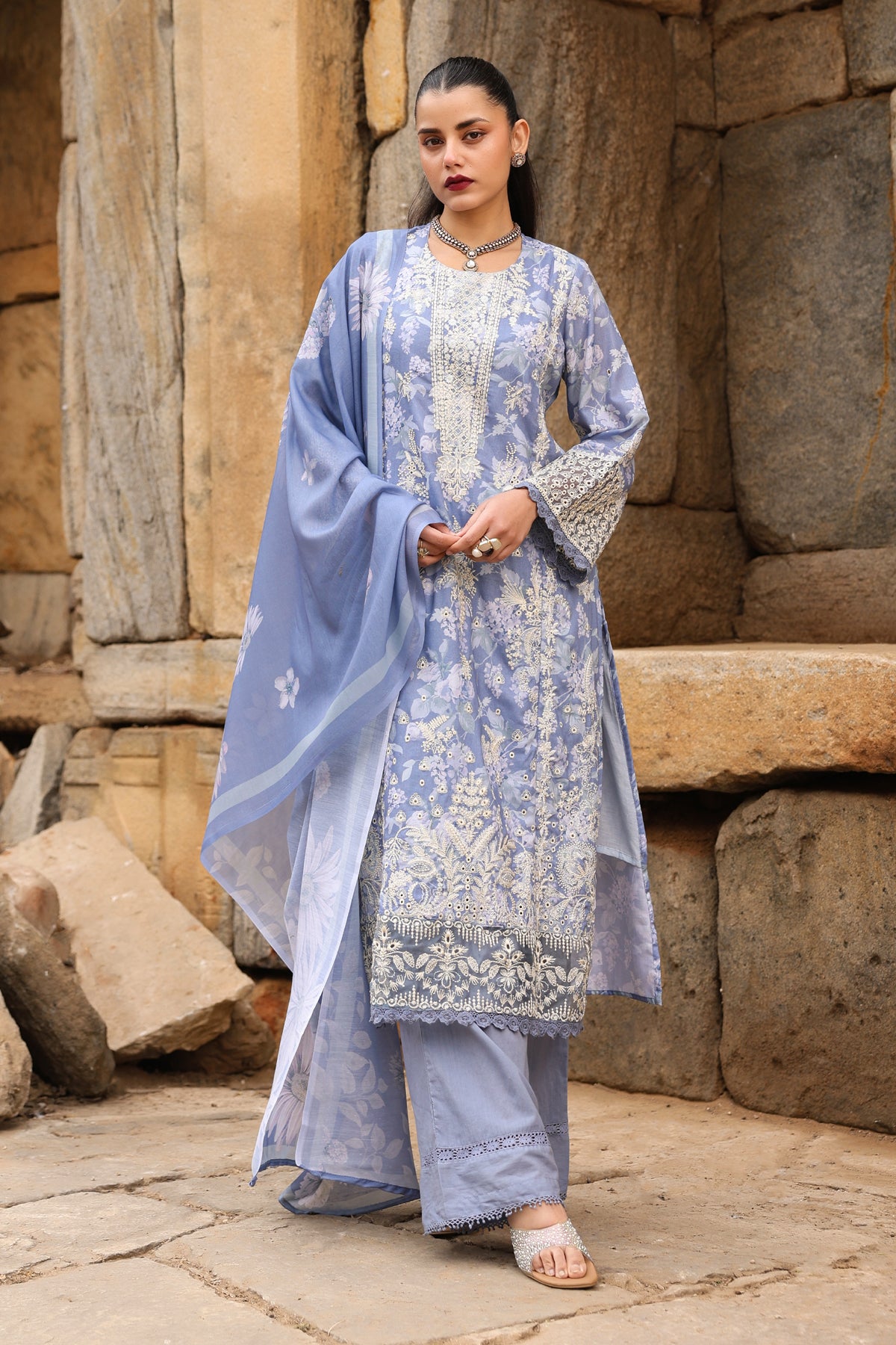 BLUE COTTON STRAIGHT KURTA WITH PANT AND DUPATTA