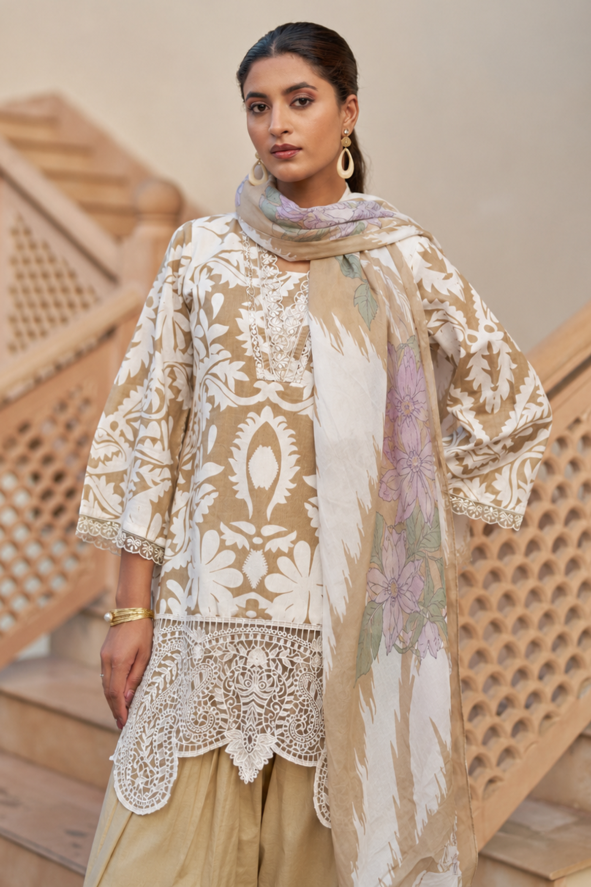 Brown cotton embroidered Farshi Suit Set With Dupatta