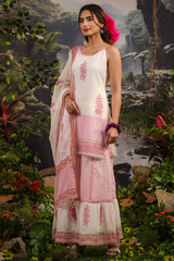 Gul White Pink Makhamali Handblock Floral Sharara Set