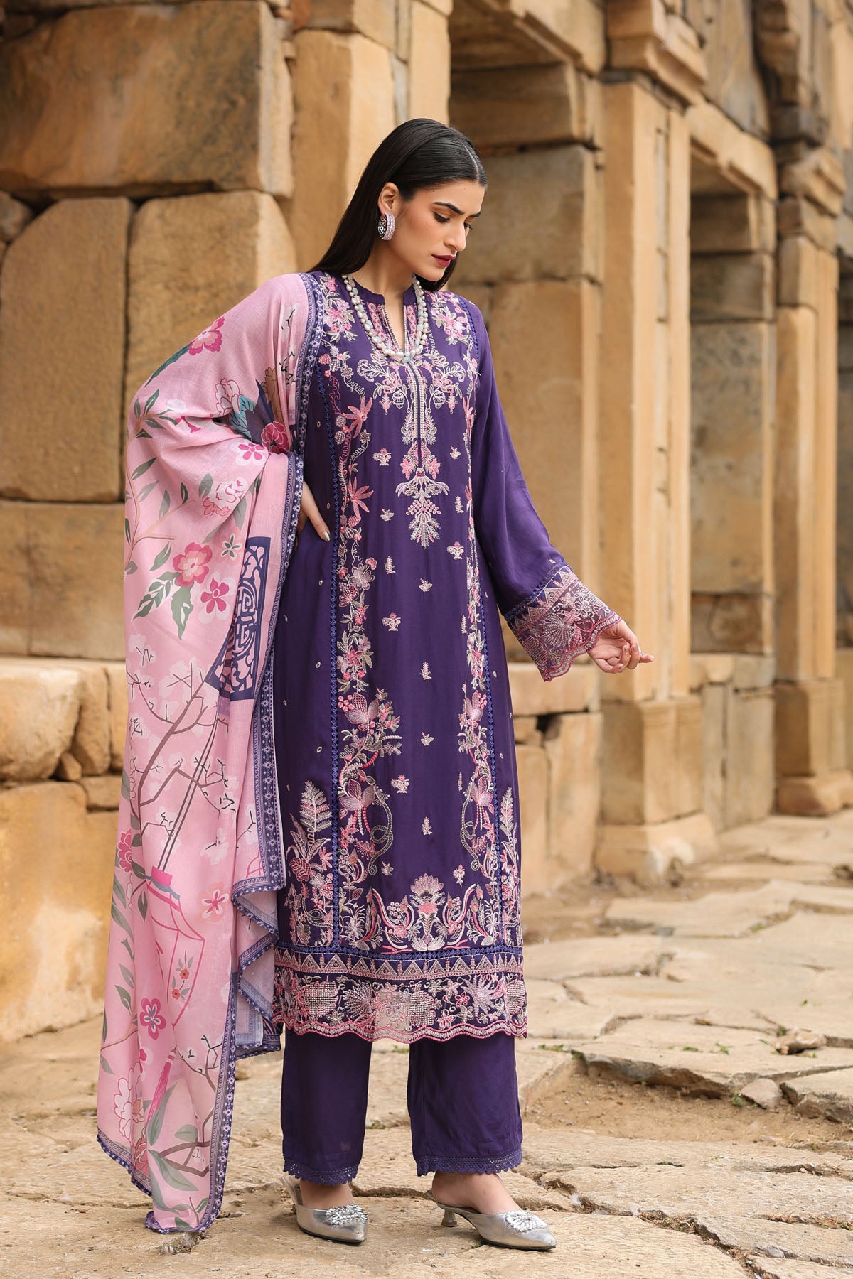 PURPLE MUSLIN STRAIGHT KURTA WITH PANT AND DUPATTA